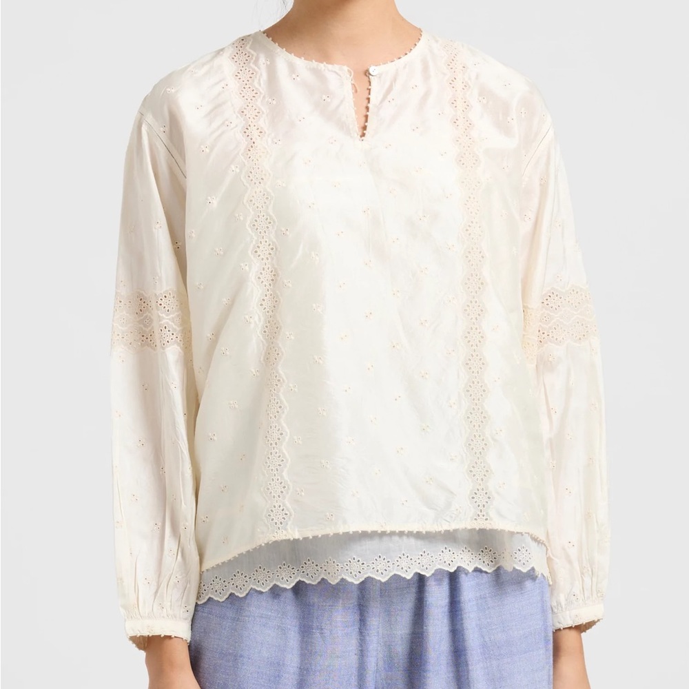 NWT Pero Aneeth Arora Embroidered Silk Eyelet Bohemian Soft Girl Peasant Blouse